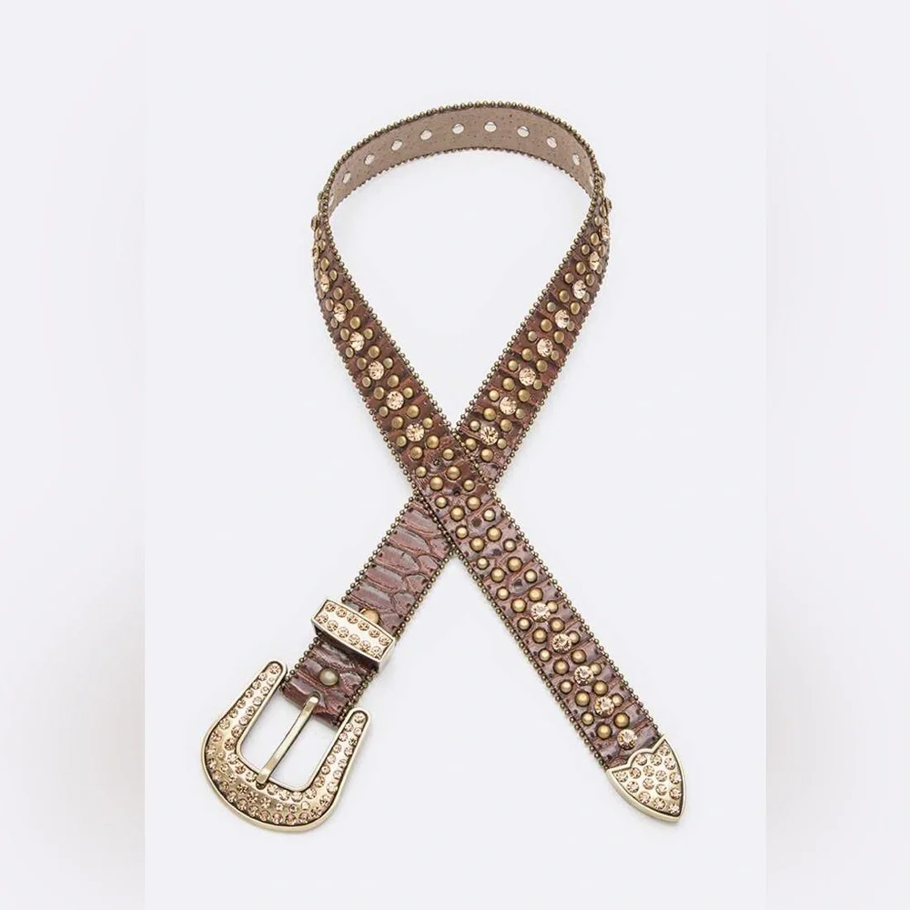 Brown & Gold Genuine Leather Crystal Fashion Belt